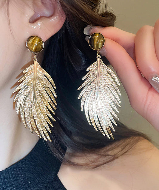 Boucles d'oreilles pendantes fantaisie en forme de feuille, en or, cuivre et zircon, œil de tigre - Amawinc