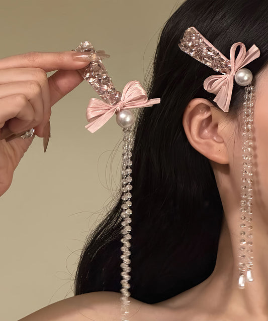 Paire d'épingles à cheveux fantaisie en alliage rose avec nœud et pompon en zircon - Amawinc