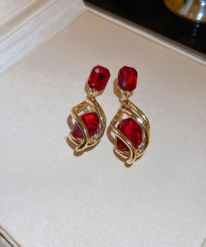 Boucles d'oreilles pendantes fantaisie en alliage rouge et zircone - Amawinc