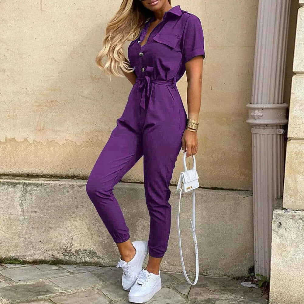 Combinaison Femme Style Utilitaire Bouton Fermeture Ceinture Taille Manches Courtes Pour Printemps Et Été