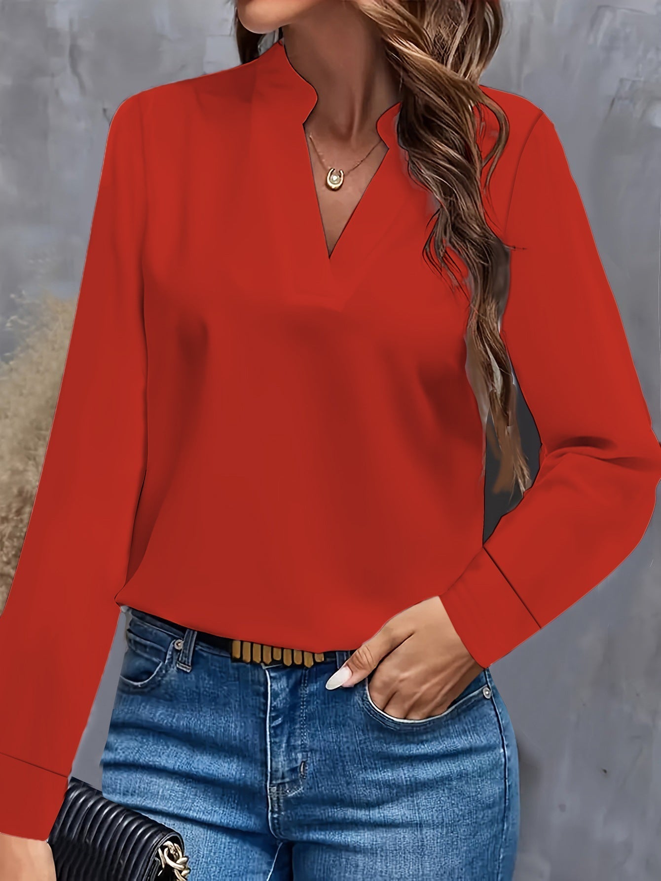 Blouse Femme Encolure V Avec Col Mandarin Manche Longue Coupe Ample Élégante Pour Toutes Occasions