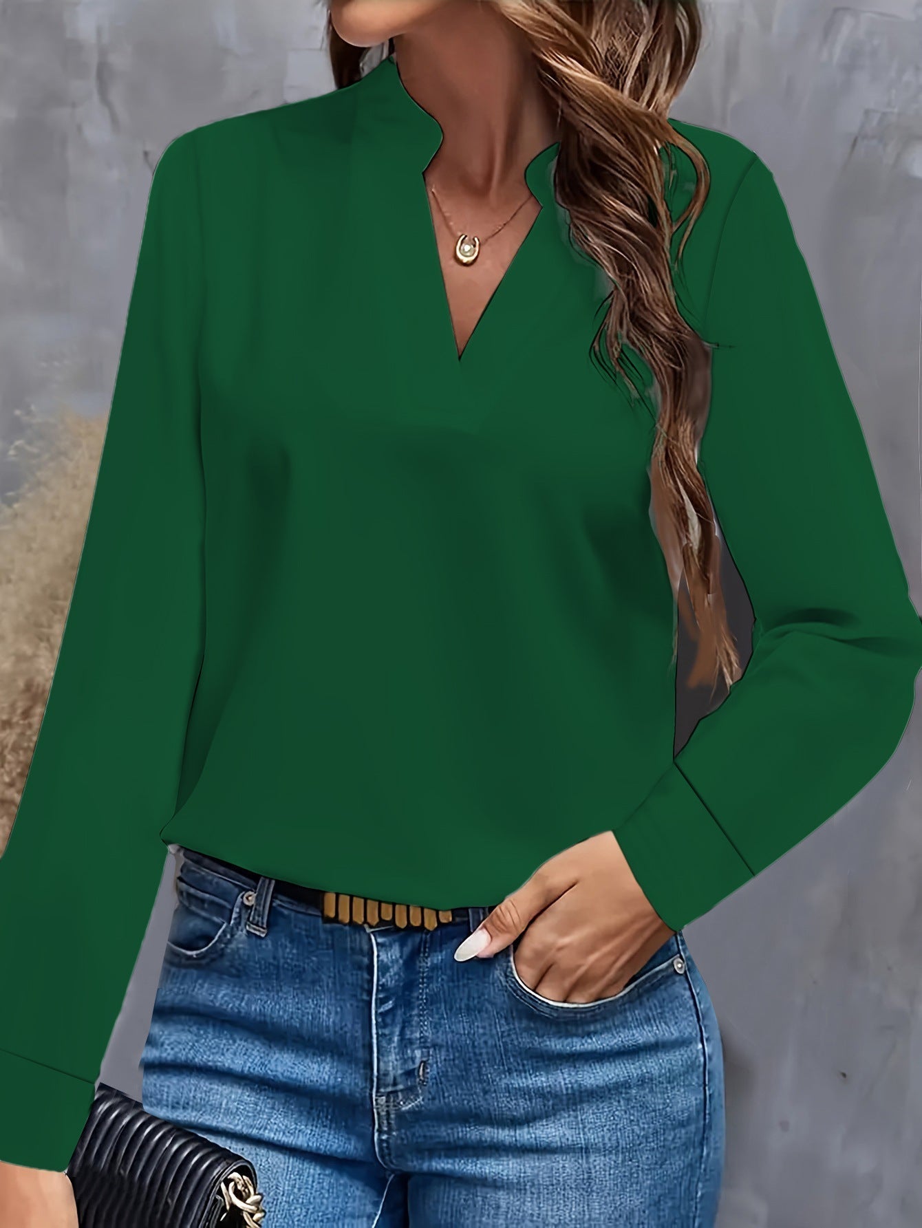Blouse Femme Encolure V Avec Col Mandarin Manche Longue Coupe Ample Élégante Pour Toutes Occasions