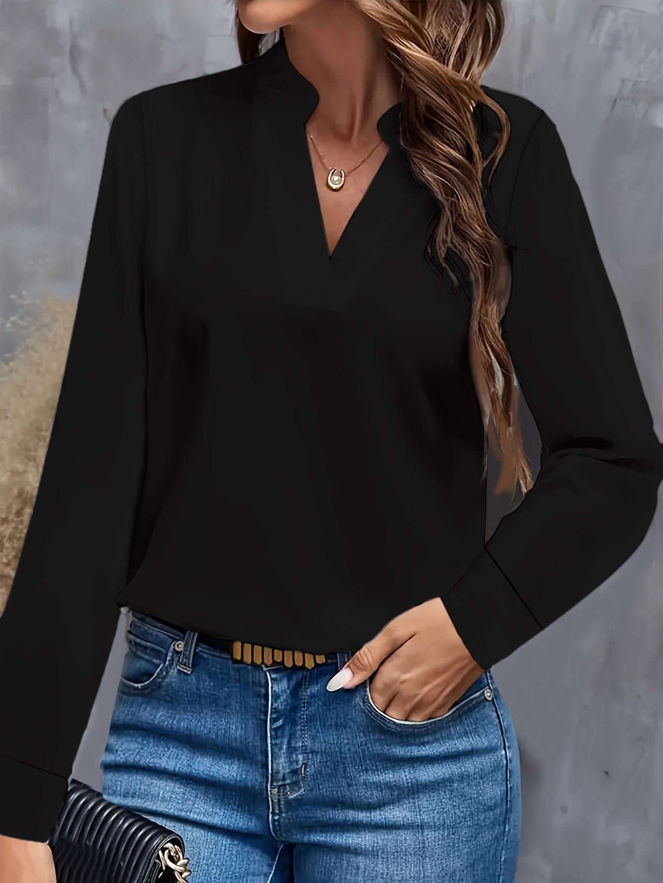 Blouse Femme Encolure V Avec Col Mandarin Manche Longue Coupe Ample Élégante Pour Toutes Occasions