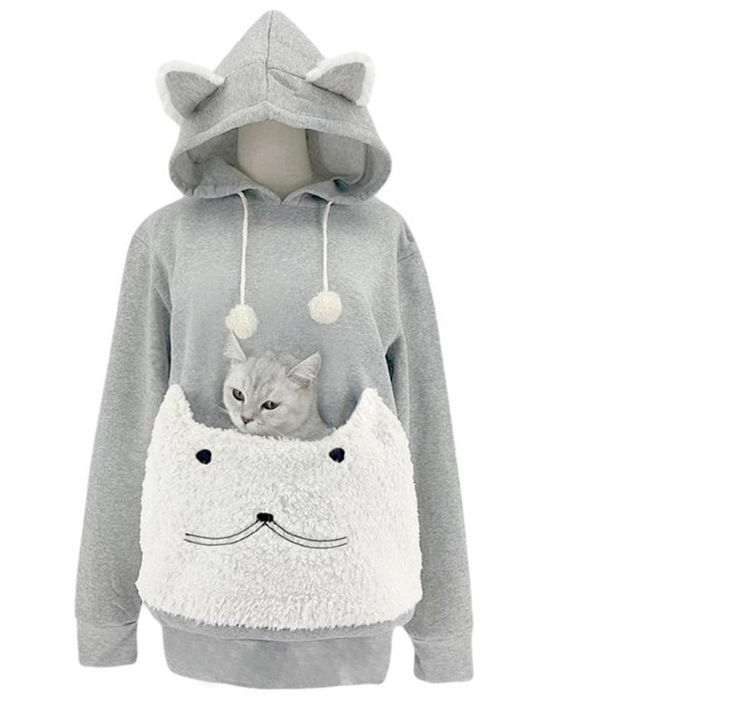 Damen Kuscheliger Kapuzenpullover mit Katzenmotiv und praktischer Känguru-Tasche Amawinc