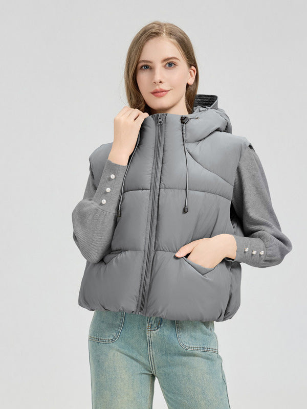 Damen gesteppte Weste mit abnehmbarer Kapuze und seitlichen Eingrifftaschen Amawinc