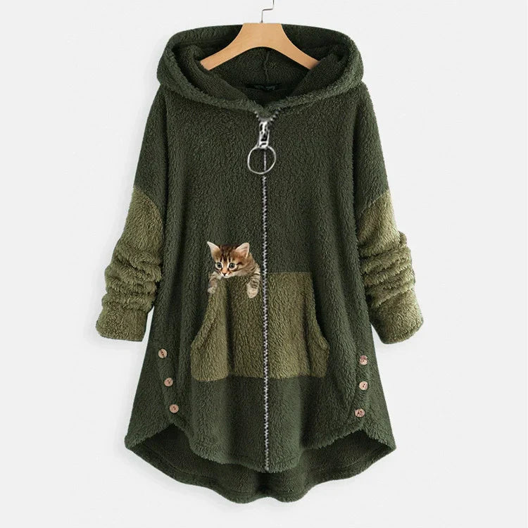Veste Capuche Longue pour Femme Coupe Oversize en Polaire Douce Poche Chat Ourlet Haut Bas
