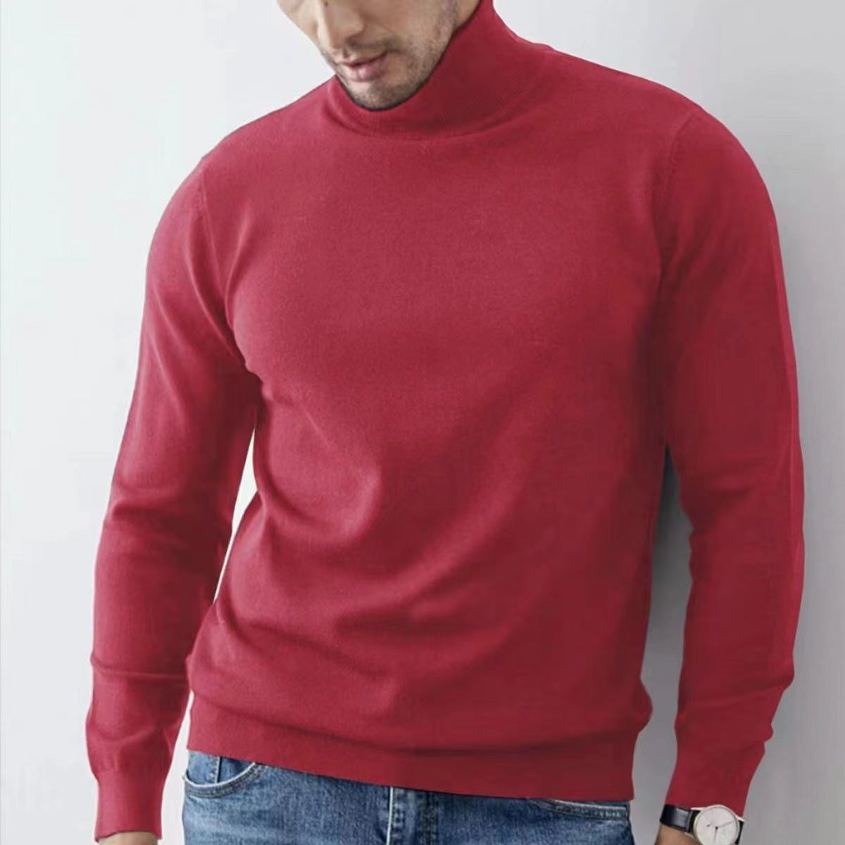 Pull Col Roulé Homme Slim Fit En Maille Coton Mélangé Manches Longues Bord Côtes Confortables