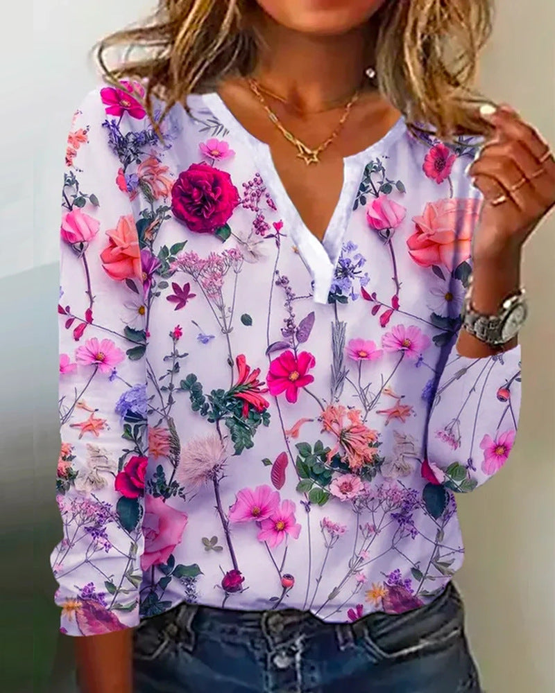 Langärmlige Bluse mit V-Ausschnitt und Blumenmuster