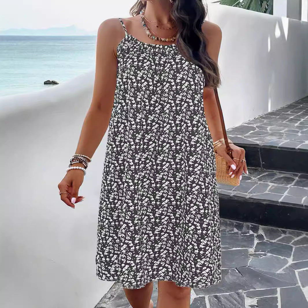Robe Trapèze Pour Femme Imprimé Floral Bretelles Ajustables Coton Mélangé Respirant Longueur Genou Amawinc