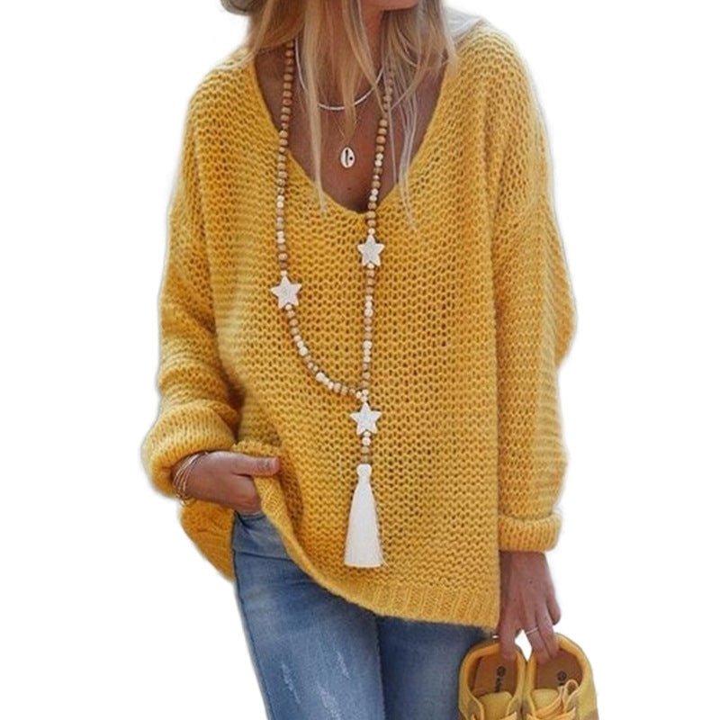 Damen Grobstrickpullover mit tiefem V-Ausschnitt und lässigem Schnitt Amawinc