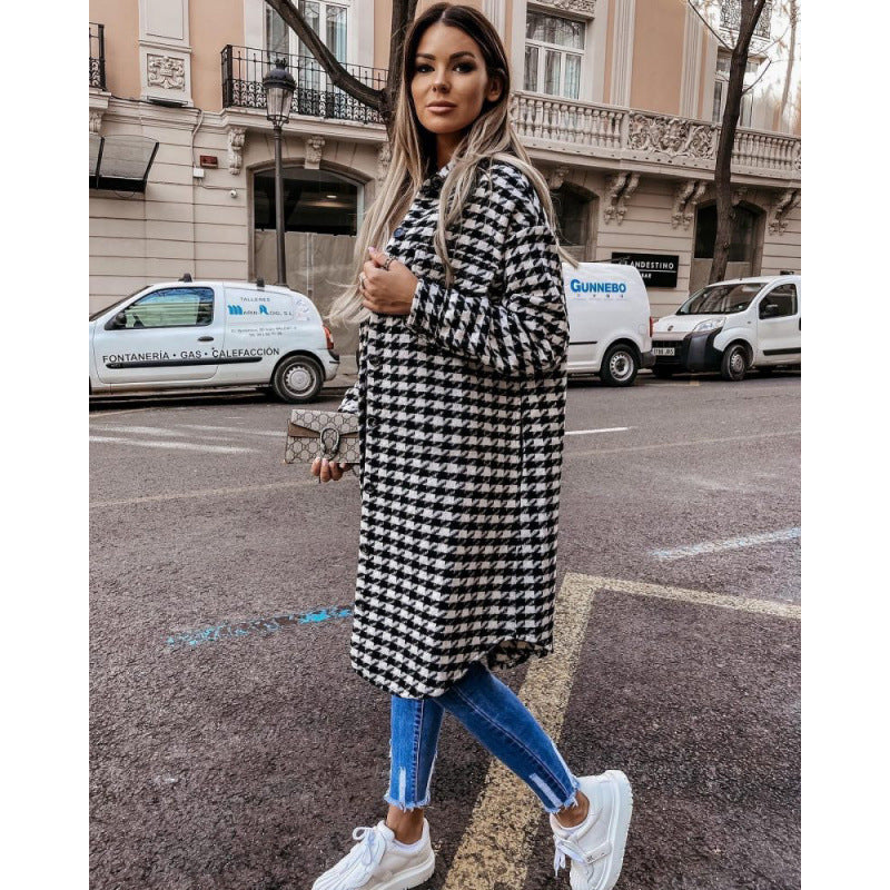 Damen Hahnentritt-Muster Oversized Hemdjacke Amawinc
