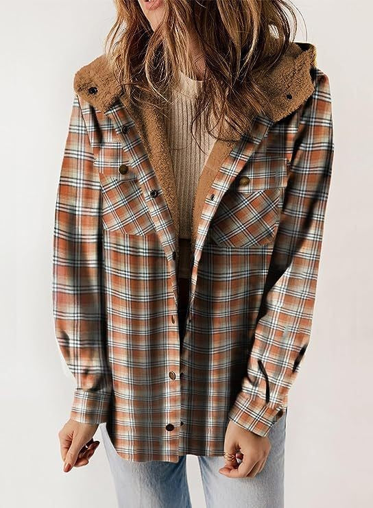 Veste En Laine Pour Femmes Coupe Décontractée Motif À Carreaux Capuche Doublée De Peluche Boutonnage Devant