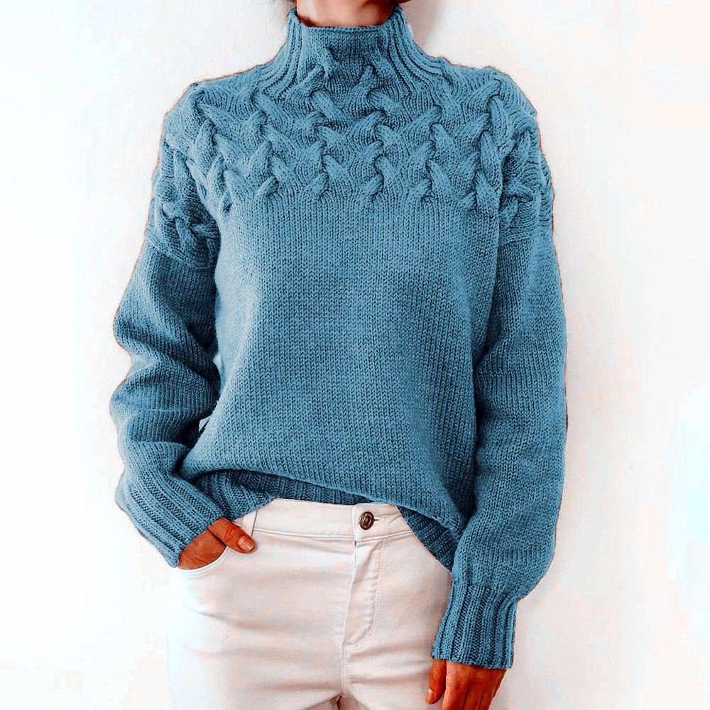 Damen Strickpullover mit hochgeschlossenem Kragen und trendigem Zopfmuster Amawinc