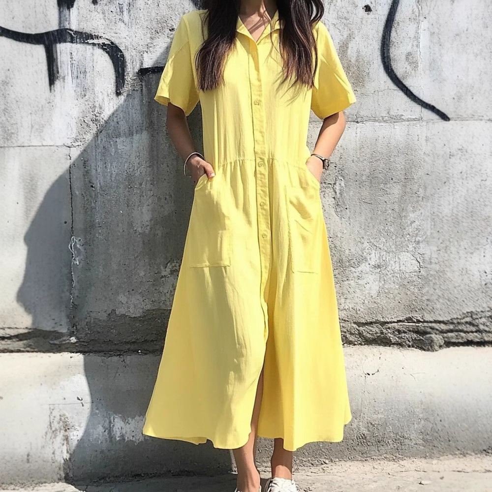 Robe Chemise Femme Décontractée Avec Boutonnage Frontal En Mélange Coton Longueur Midi Amawinc