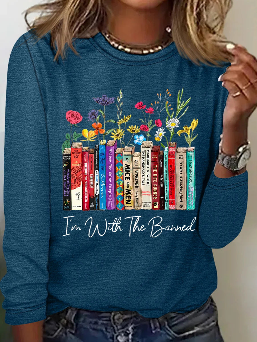 Damen Langarmshirt mit Bücher- und Blumenmotiv Amawinc