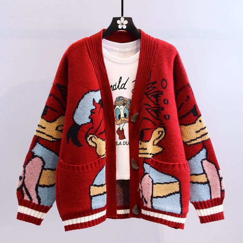 Damen Cartoon-Design Strickjacke mit breiten Ärmeln und Taschen Amawinc