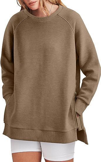 Damen lässiger Sweatshirt mit Seitentaschen und Reißverschluss Amawinc