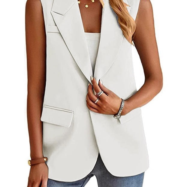 Gilet Blazer Pour Femmes À Coupe Ajustée Sans Manches Avec Revers À Encoches Bouton Unique Et Poches