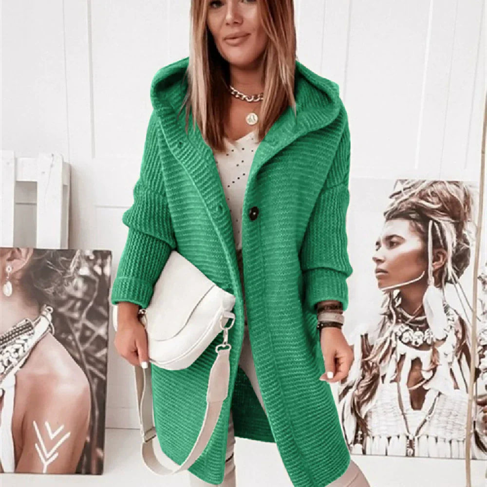 Cardigan à Capuche Femme Ample Longue Ligne Maille Côtelée Bouton Devant Épaules Tombantes