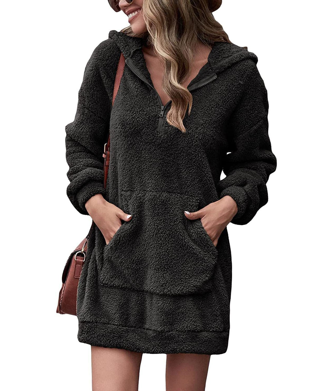 Damen Kuscheliger Hoodie-Kleid mit praktischen Taschen und halben Reißverschluss Amawinc