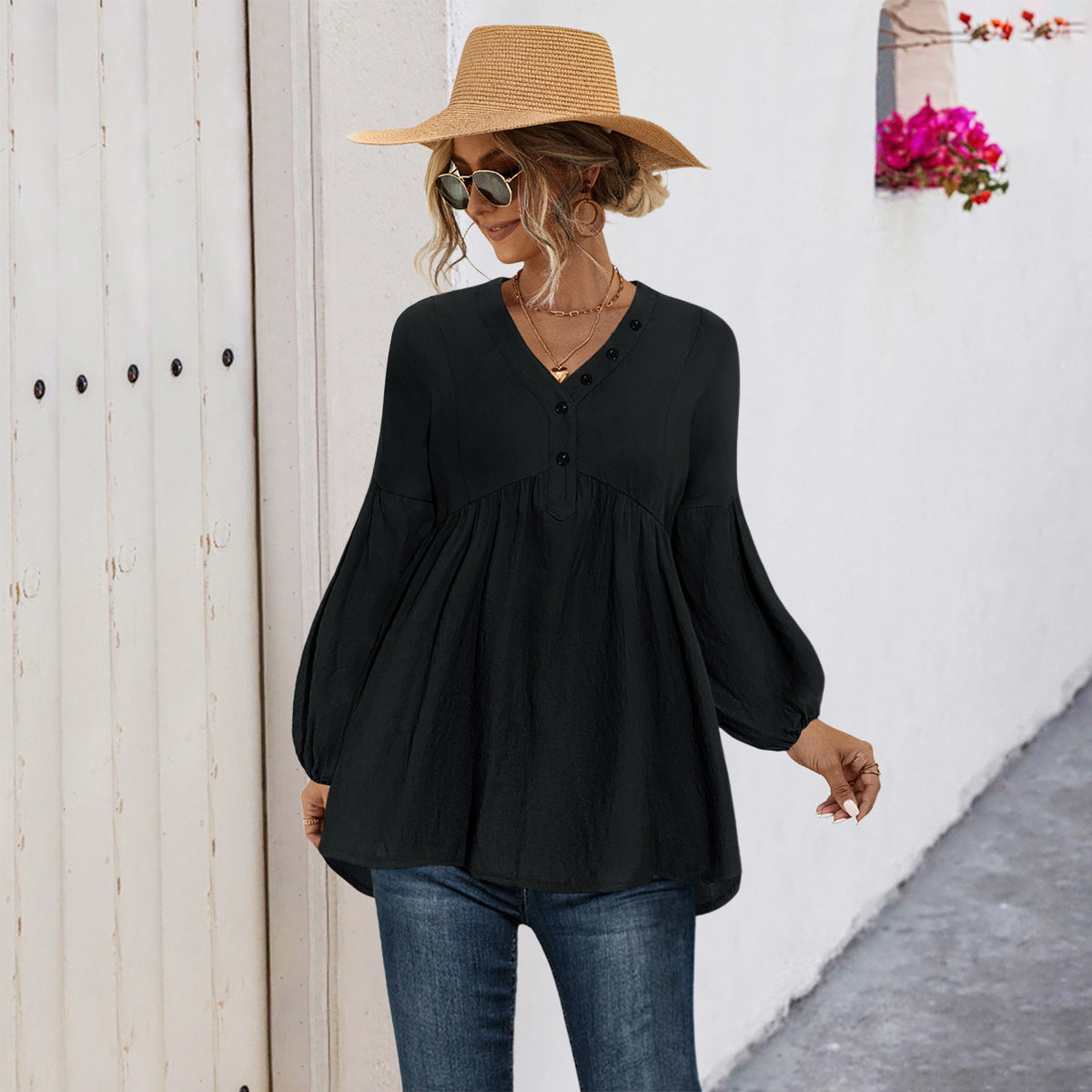 Damen Blusenshirt mit Knopfdetails und lockerer Passform Amawinc