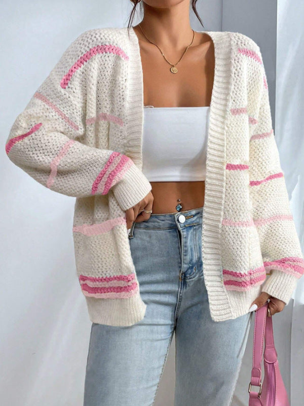 Cardigan Femme Oversize Tricot Texturé À Rayures Bord Côtelé Doux Pour Style Décontracté Confortable