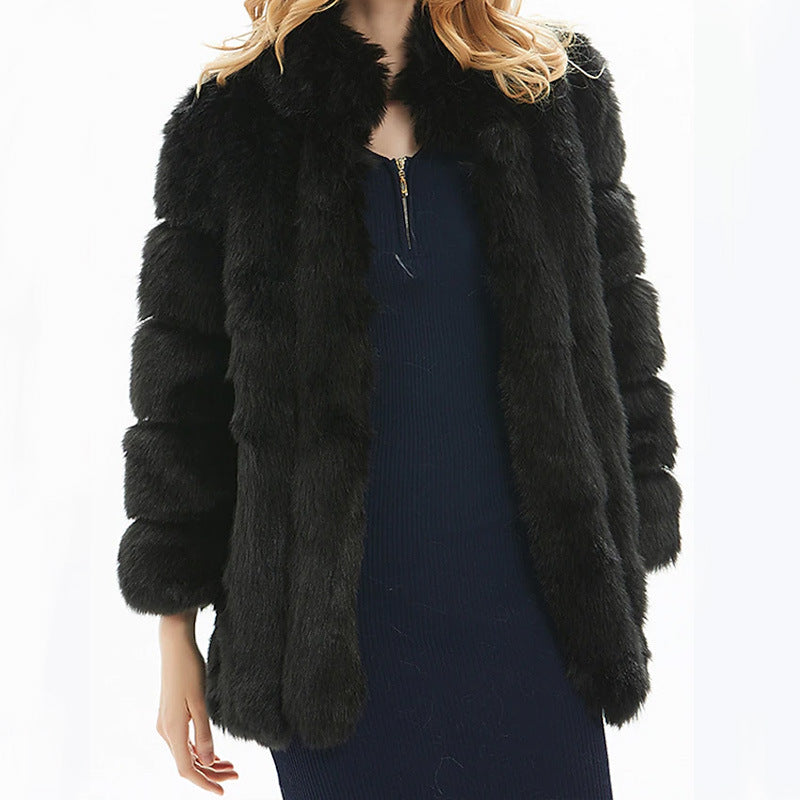 Damen Luxuriöser Kunstpelzmantel mit voluminösen Ärmeln und hohem Kragen Amawinc