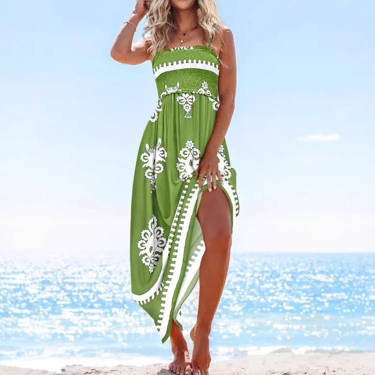 Robe Maxi Femme Sans Bretelles Corsage Smocké Coupe A Line Imprimé Paisley Fente Latérale Nordisk Flair