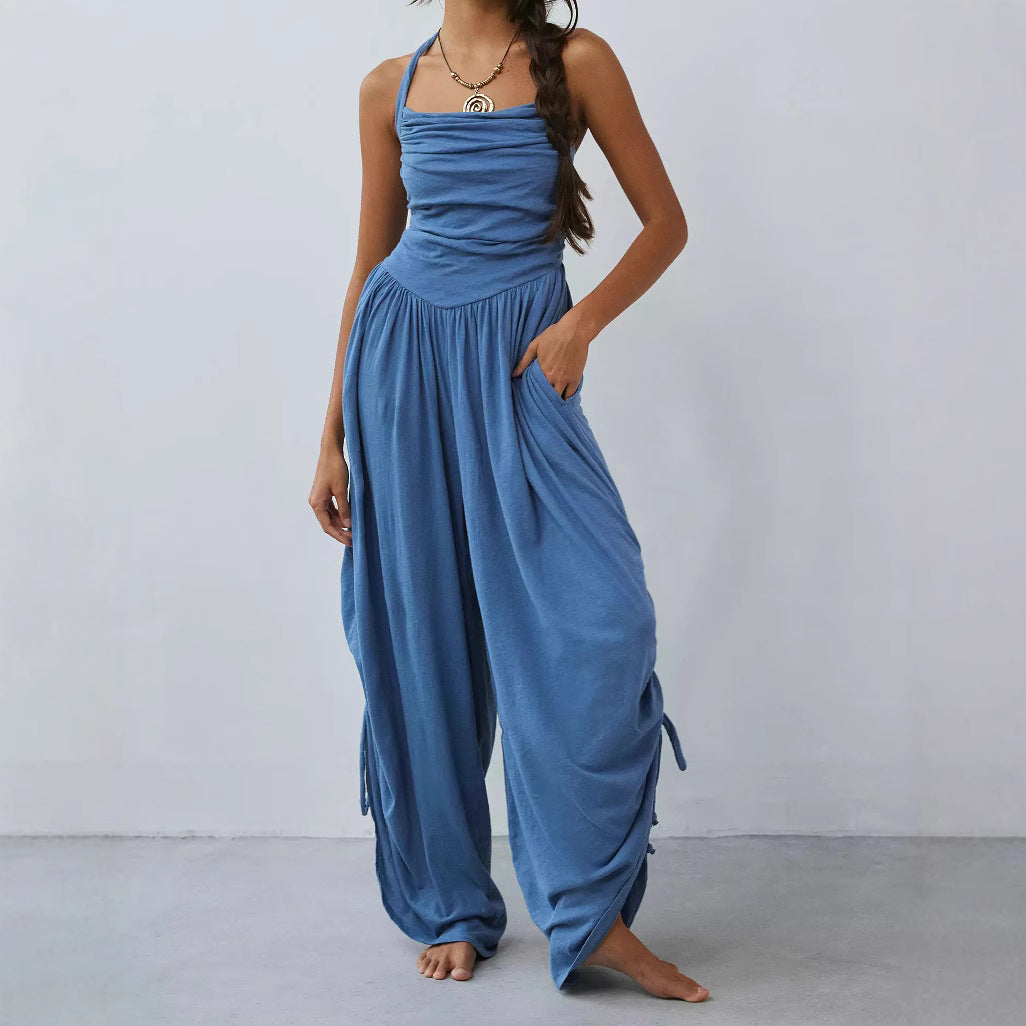 Combinaison Femme À Col Halterneck Décontractée Avec Jambes Largees Et Taille Froncée Pour Été Confortable