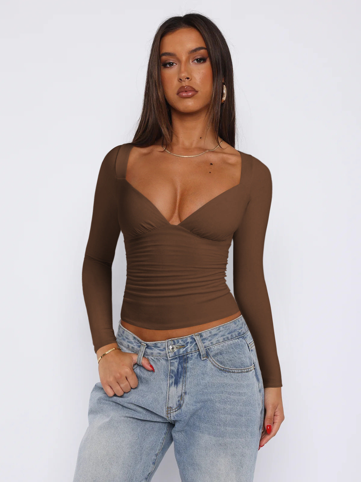 Damen figurbetontes Langarmoberteil mit V-Ausschnitt und Raffungen Amawinc