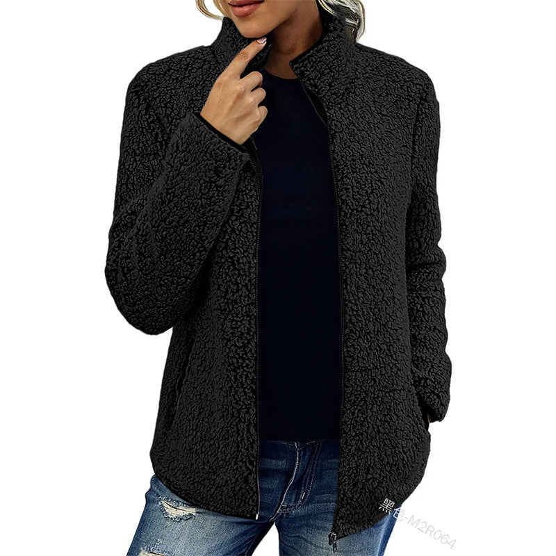 Damen flauschige Fleecejacke mit hohem Kragen und seitlichen Taschen Amawinc