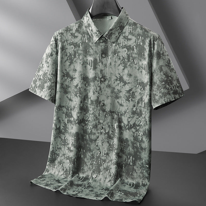 Chemise Décontractée À Manches Courtes En Ice Silk Avec Motif Abstrait Bleu Vert Respirant Et Lavable En Machine