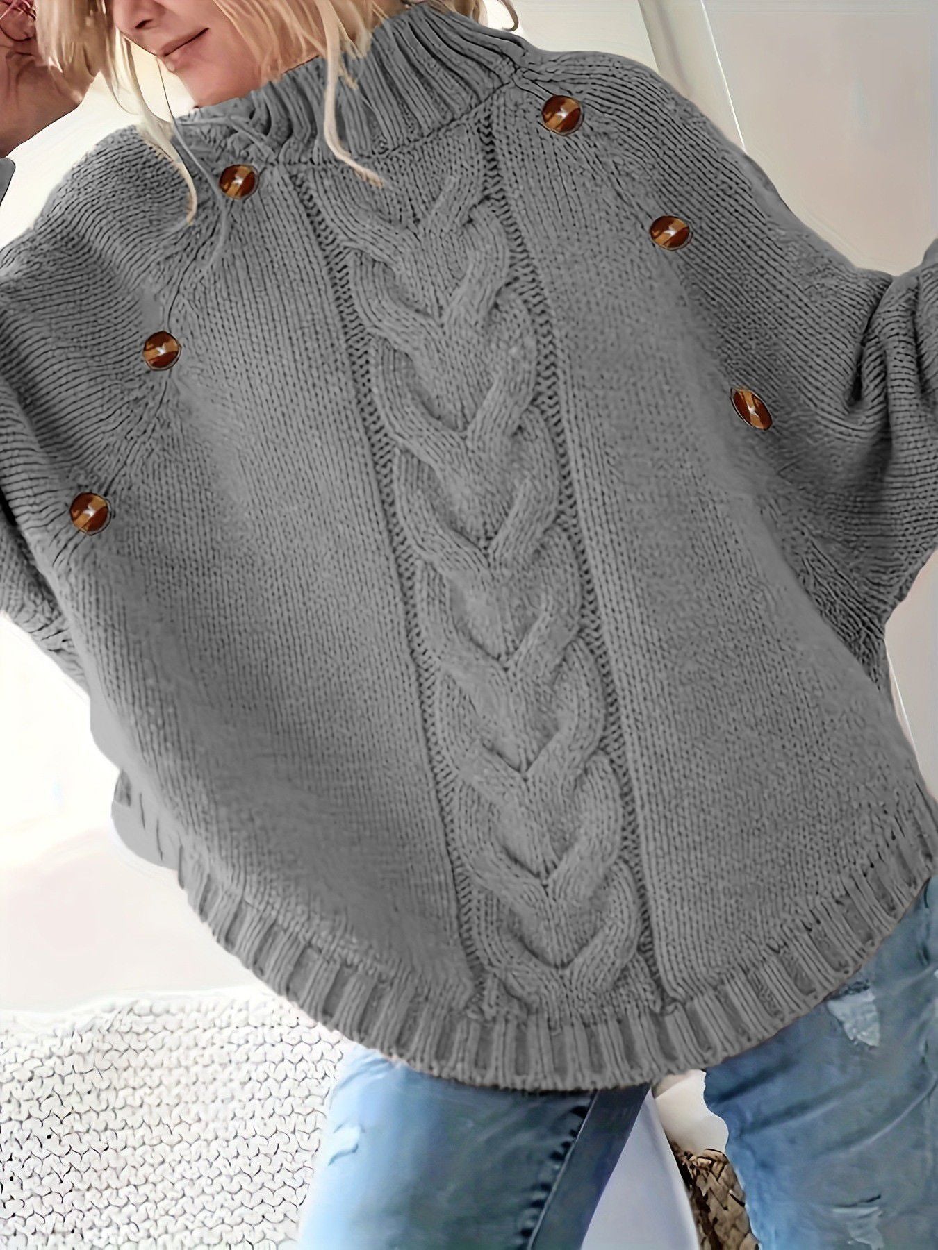 Damen Oversized Strickpullover mit Hochkragen und dekorativen Knopfdetails Amawinc