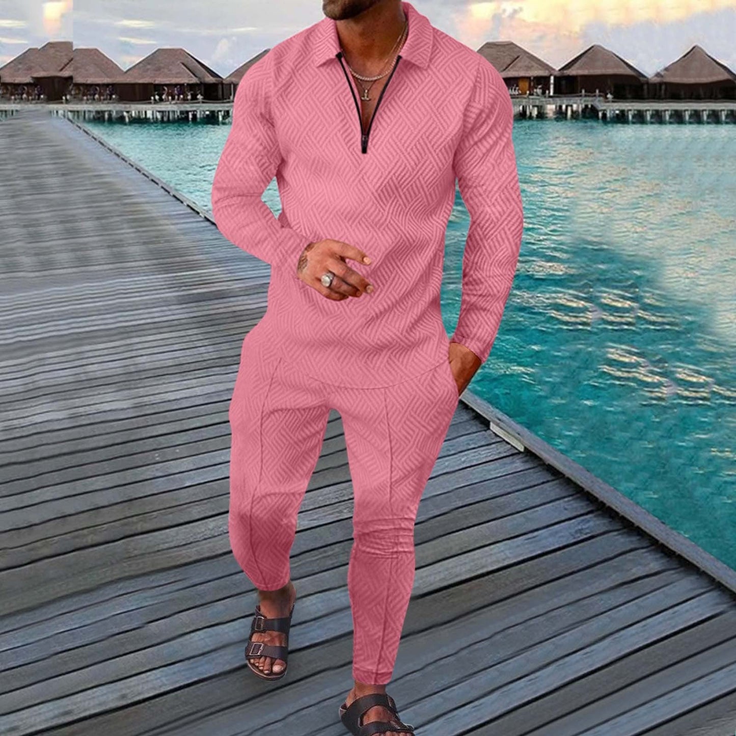 Ensemble Homme Deux Pièces Slim Fit Loisirs Sport Avec Polo À Manches Longues Et Imprimé 3D Respirant Par Amawinc