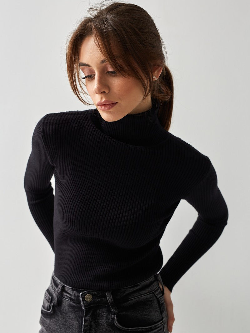 Pull Col Roulé Femme Coupe Slim Tricot Côtelé Manches Longues Couche Élastique Idéal Pour Superposer