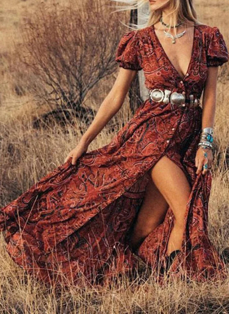 Robe Maxi Femme Cintrée À Taille Ajustée Manches Bouffantes Avec Fente Avant Bouton Détail Amawinc