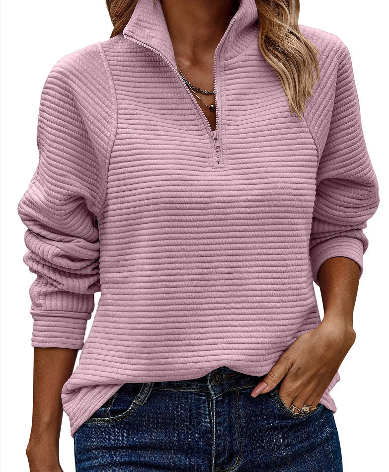 Damen Modischer Waffle-Pullover mit Stehkragen und Reißverschluss Amawinc