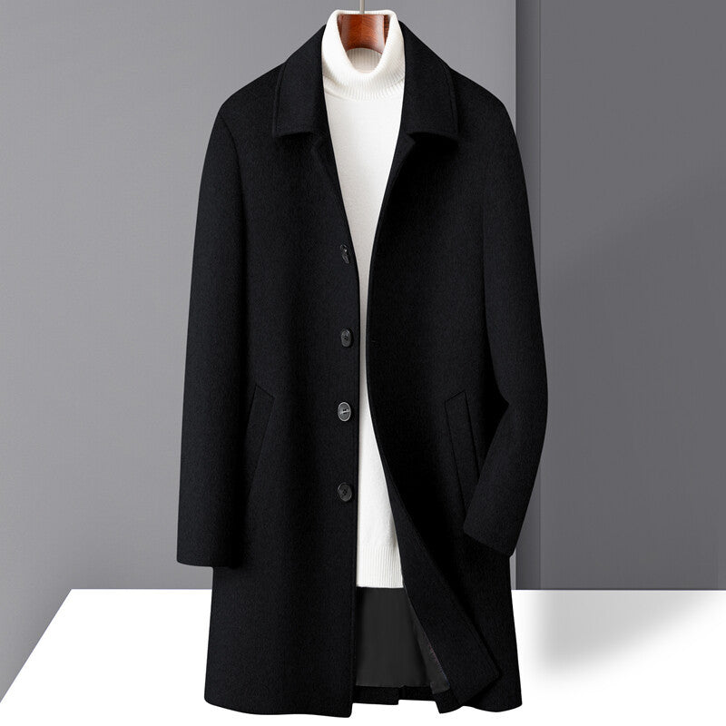 Manteau en Laine pour Homme Mi-Long à Revers à Encoche Boutonnage Simple Coupe Droite Hiver Confortable