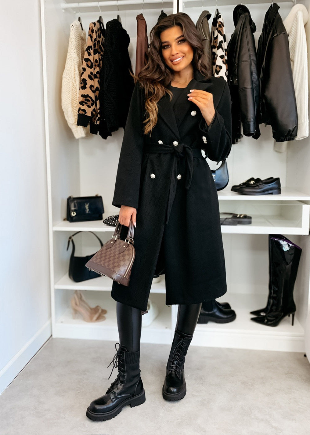 Damen Eleganter Trenchcoat mit taillierbarem Gürtel und Doppelreiher Amawinc