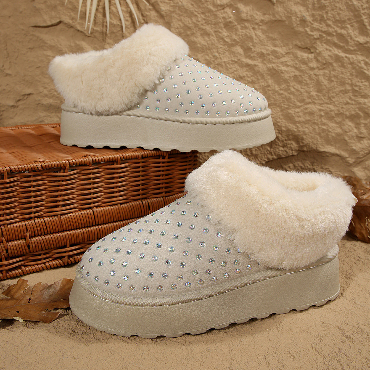 Damen Flauschige Hausschuhe mit Funkelnden Verzierungen und Warmem Futter Amawinc
