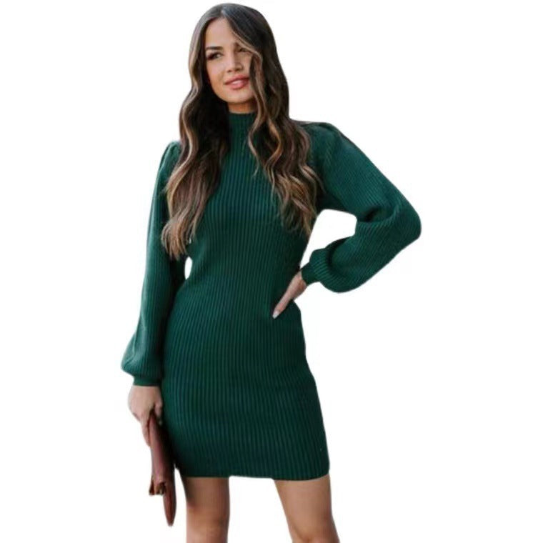 Damen Strickkleid mit hohem Kragen und Puffärmeln Amawinc