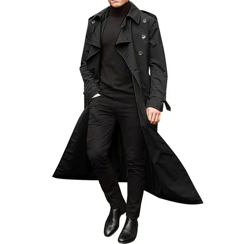 Manteau Trench Homme Tailored Fit Double Breasted Notched Lapels Longueur Intégrale Style Professionnel