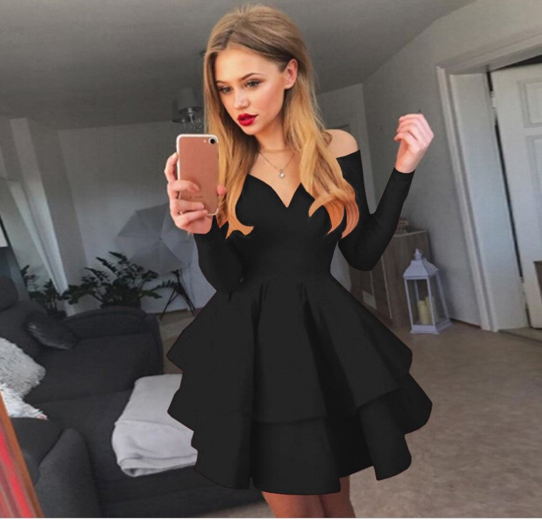 Damen Verspieltes schulterfreies Cocktailkleid mit Volants und tiefem V-Ausschnitt Amawinc