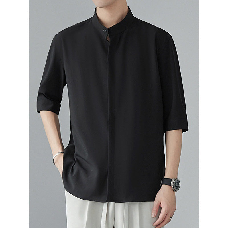 Chemise Homme Décontractée Confortable En Coton Respirant Col Mandarin Manches Trois Quarts