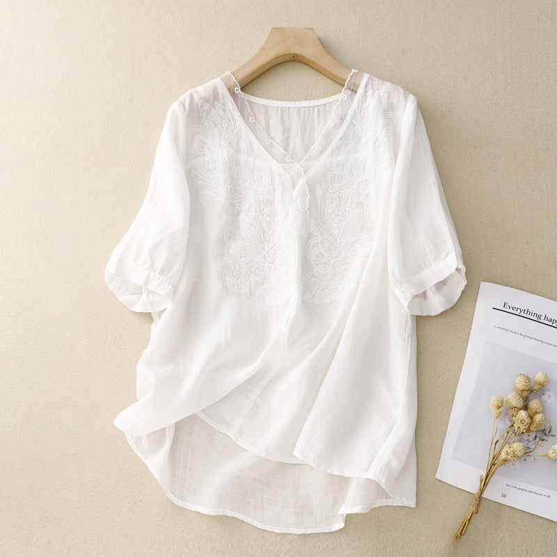 Chemise Femme À Manches Courtes Coupe Ample Col V Broderie Respirante Nordisk Flairs