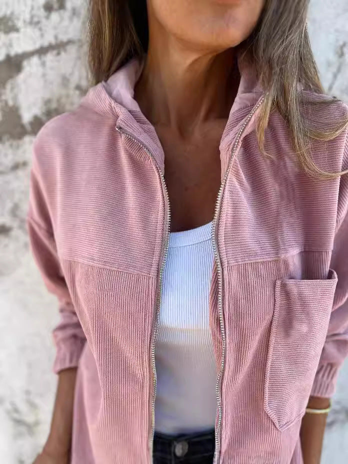 Veste À Capuche En Velours Côtelé Coupe Décontractée Zip Frontal Manches Élastiques Tenue Décontractée
