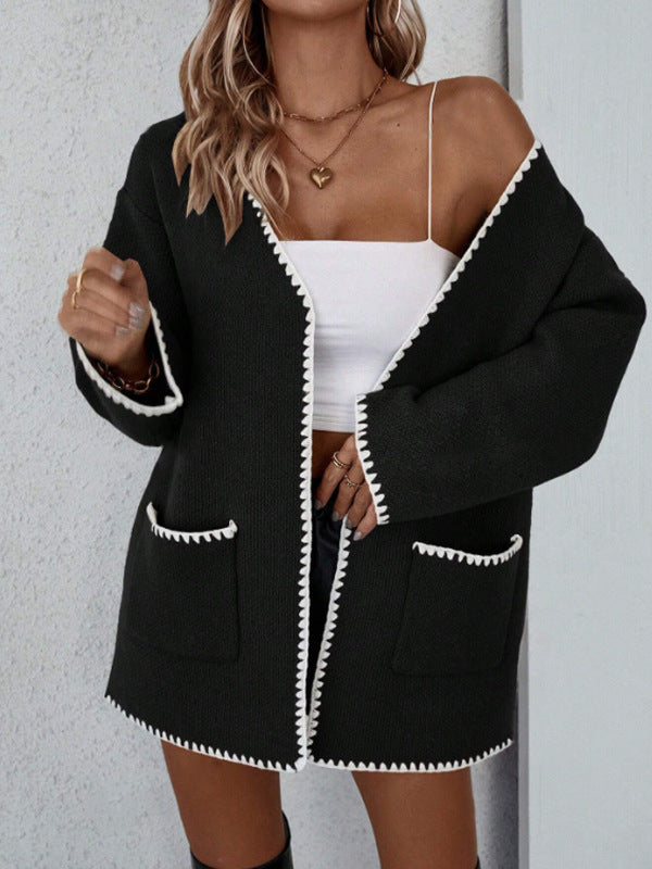 Cardigan Femme En Maille Oversize Ouvert Devant Avec Bords Côtelés Et Poches Frontales