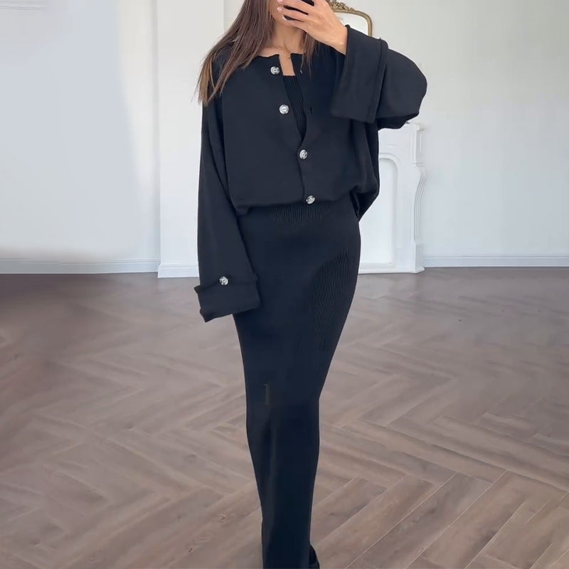 Damen Strickanzug mit elegantem Blazer und ärmellosem Maxikleid Amawinc