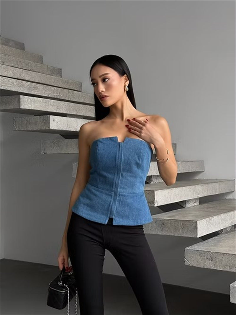 Damen ärmelloser Denim-Top mit Reißverschluss Amawinc