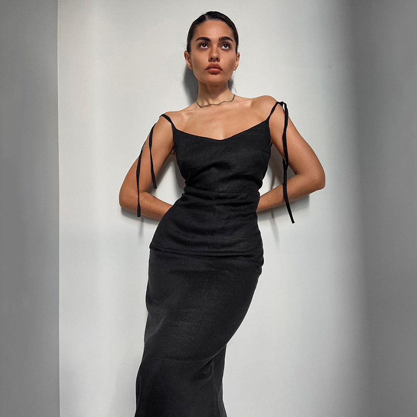 Robe Maxi Femme en Coton Lin Mélangé Bretelles Réglables Coupe A Ligne Souple et Légère